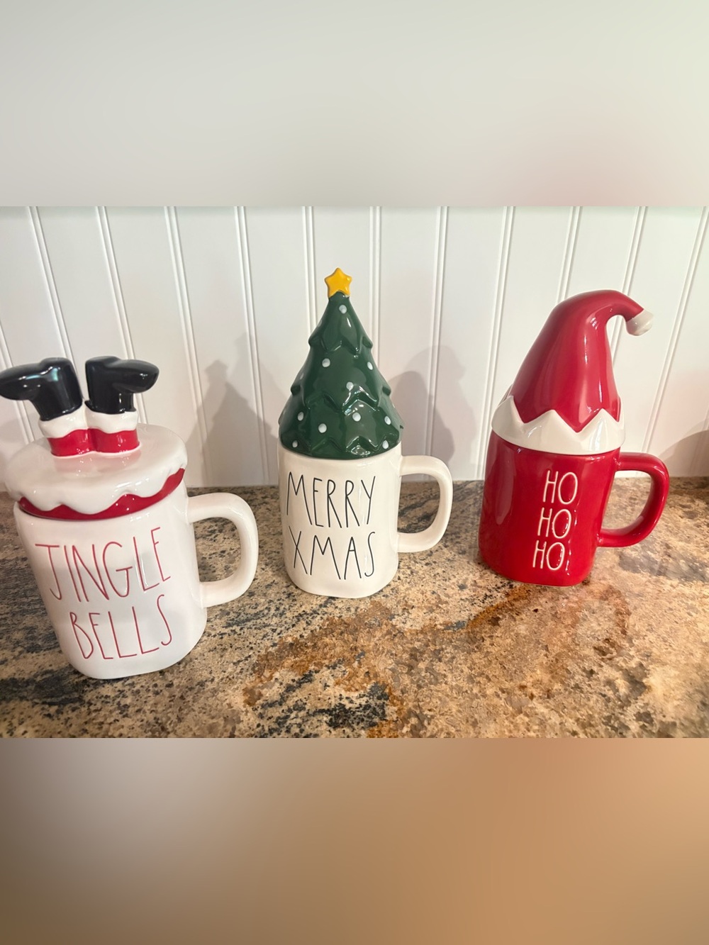 Rae Dunn Merry Christmas jingle bells with lid coffee mugs